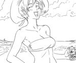  bare_shoulders bb_(baalbuddy) beach beer_can breasts can cleavage closed_eyes greyscale hat laughing love_hina medium_breasts midriff monochrome short_hair sketch solo strapless sun_hat tubetop urashima_haruka 