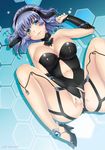  aqua_centolm artist_name blue_eyes blush breasts bridal_gauntlets covering covering_crotch hex_grid high_heels hiyoshi_hana knees_on_chest large_breasts lying navel navel_cutout on_back purple_hair short_hair solo spread_legs super_robot_wars super_robot_wars_mx 