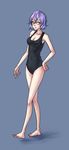  absurdres barefoot black_swimsuit breasts cleavage digimon digimon_world_re:digitize full_body glasses hand_on_hip highres large_breasts mikagura_mirei monorus one-piece_swimsuit purple_eyes purple_hair short_hair solo swimsuit 