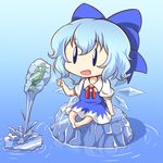  barefoot blue_dress blue_eyes blue_hair bow chibi cirno dress fish fishing frozen hair_bow ice ice_block ice_wings mazume open_mouth puffy_sleeves shirt short_sleeves sitting smile solo touhou water wings |_| 