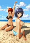  arms_up ass back bare_back barefoot beach bikini blue_eyes blue_hair breasts butt_crack cloud day feet from_behind front-tie_top highres itoguchi_(manma_melon) large_breasts looking_back multiple_girls navel original outdoors red_eyes red_hair sand short_hair side-tie_bikini sideboob sitting sky smile soles stretch striped striped_bikini striped_swimsuit swimsuit toes untied wariza yokozuwari 