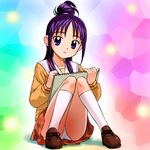  drawing futari_wa_precure_splash_star hair_bun half_updo haruyama_kazunori long_hair lowres mishou_mai mosaic_background notebook panties pantyshot pantyshot_(sitting) pencil precure purple_eyes purple_hair rainbow_background school_uniform sitting skirt solo underwear white_panties yuunagi_middle_school_uniform 