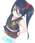  aqua_eyes bad_id bad_pixiv_id barefoot black_hair dararito from_above hand_on_hip hataraku_maou-sama! japanese_clothes kamazuki_suzuno kimono long_hair side_ponytail skirt sleeveless sleeveless_kimono solo 