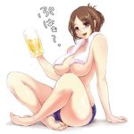  alcohol bare_legs barefoot beer beer_mug blush breasts brown_eyes brown_hair cup full_body holding holding_cup indian_style kajo large_breasts open_mouth original short_hair short_shorts shorts simple_background sitting solo towel towel_around_neck white_background 