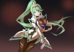  1girl armor bangs bodystocking breasts chinese_commentary cleavage closed_mouth commentary commentary_request earrings eyebrows_visible_through_hair faulds gauntlets green_eyes green_hair headband high_ponytail jewelry large_breasts long_hair looking_at_viewer nintendo pantyhose partial_commentary pneuma_(xenoblade_2) ponytail see-through sidelocks simple_background smile solo spoilers standing very_long_hair xenoblade_(series) xenoblade_2 yostxxx 