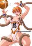  1girl basketball blush blush_stickers breasts cum cum_on_clothes ejaculation ge_xi highres leotard nipples no_bra no_panties open_mouth orange_hair ponytail rape short_hair simple_background small_breasts solo sweat tentacle white_background 