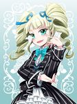  aikatsu! aikatsu!_(series) black_dress blonde_hair blue_eyes blush bow dress drill_hair emu_(toran) fang green_eyes hair_ribbon highres layered_dress lolita_fashion long_hair long_sleeves looking_at_viewer open_mouth ribbon smile solo striped striped_dress toudou_yurika twin_drills twintails white_dress 