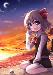 :d beach blonde_hair bow crescent_moon hair_bow hair_ribbon highres kneeling lighthouse moon open_mouth red_eyes ribbon rumia sand shell short_hair skirt smile solo soramuko sunset touhou 