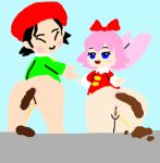  2girls adeleine black_hair blue_eyes closed_eyes kirby kirby_64 nintendo nsfw peeing pink_hair ribbon_(kirby) scat 