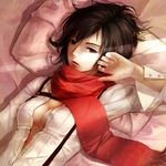  black_hair breasts brown_eyes cleavage lying medium_breasts mikasa_ackerman open_clothes open_shirt scarf shingeki_no_kyojin shirt short_hair solo wail_(wailwind) 