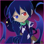  black_background black_hair black_sig blue_eyes gradient gradient_background heterochromia komeichou-69 male_focus official_style pants purple_background puyopuyo puyopuyo_fever red_eyes shirt sig_(puyopuyo) sitting smile solo 