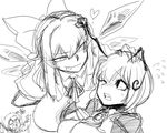  alternate_breast_size antennae blush bow breasts cirno daiyousei greyscale hair_bow huge_breasts ice ice_wings large_breasts licking_lips long_hair monochrome multiple_girls older sketch space_jin tongue tongue_out touhou wings wriggle_nightbug you_gonna_get_raped 