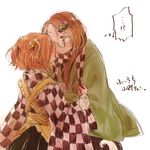  2girls apron bell blush brown_eyes brown_hair checkered futatsuiwa_mamizou futatsuiwa_mamizou_(human) glasses hair_bell hair_ornament hairclip imminent_kiss japanese_clothes leaf long_hair motoori_kosuzu multiple_girls orange_hair pince-nez scarf scarf_grab short_hair tadano_kagekichi thought_bubble touhou twintails wide_sleeves yuri 