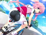  1girl ass bicycle bike_jersey bike_shorts blue_eyes cloud fingerless_gloves flat_chest game_cg gloves happy highres iizuki_tasuku legs long_hair looking_back lovely_x_cation_2 nirasaki_hinata ocean open_mouth pink_hair road shoes sitting sky sneakers solo thighs tree trees twintails water 