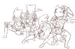  animal_ears closed_eyes dress fighting_stance final_fantasy final_fantasy_tactics greyscale mime_(fft) monochrome multiple_girls scarf short_dress sketch tail thighhighs tsukudani_(coke-buta) 