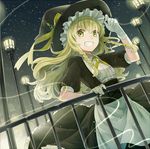  alternate_costume apron asahikawa_hiyori blonde_hair braid clenched_teeth gloves grin hat kirisame_marisa lamppost lantern long_hair looking_at_viewer night smile solo star_(sky) teeth touhou twin_braids waist_apron witch_hat yellow_eyes 