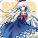  1girl akasata blue_dress breasts dress hand_on_hip hat kamishirasawa_keine large_breasts long_hair looking_at_viewer neckerchief open_mouth puffy_sleeves red_eyes shirt short_sleeves silver_hair solo touhou very_long_hair 