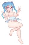  barefoot blue_hair blush breasts double_v earrings fang full_body highres jewelry large_breasts long_hair nipples no_panties noise open_mouth original purple_eyes simple_background smile solo thighs v white_background 