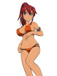  armlet bellows_(suisei_no_gargantia) bikini blue_eyes breasts caryo earrings hair_tubes hoop_earrings jewelry large_breasts long_hair looking_at_viewer midriff nanashino navel orange_bikini ponytail red_hair scrunchie simple_background smile solo suisei_no_gargantia swimsuit white_background 