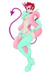  1boy androgynous aqua_eyes bikini boots bulge darthsaburou demon_boy demon_horns demon_tail feather_boa highres horns male male_focus multicolored_hair original piercing pink_hair platform_footwear pointy_ears purple_hair red_hair short_hair solo swimsuit tail tattoo wide_hips 