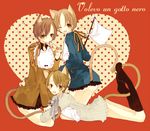  3boys animal_ears axis_powers_hetalia bib bottomless cat_ears cat_tail flag food kneehighs multiple_boys neck_ribbon northern_italy_(hetalia) pizza ribbon seborga_(hetalia) southern_italy_(hetalia) tail wink 