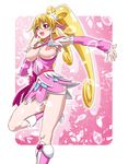  aida_mana arm_warmers blonde_hair boots bow breasts choker cure_heart curly_hair dokidoki!_precure dress earrings half_updo heart jewelry knee_boots kousaka_jun large_breasts long_hair magical_girl nipples pink_bow pink_eyes pink_footwear pink_sleeves ponytail precure skirt smile solo 