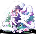  animal aqua_eyes blonde_hair blood blue_eyes dress dripping flower frog giant_snake hair_ribbon hat kazeharu long_sleeves mishaguji moriya_suwako oversized_animal purple_dress ribbon shirt short_hair sitting snake solo thighhighs touhou wide_sleeves 