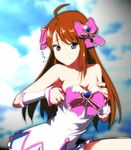  ahoge blue_eyes bow breasts brown_hair cleavage day hair_bow hazuki_natena heart highres idolmaster idolmaster_million_live! long_hair medium_breasts sky sleeveless solo tokoro_megumi very_long_hair 