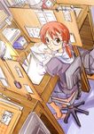  1girl animation_sheet animator ayakaze_ryuushou brown_eyes chair desk drawing earphones glasses hoodie orange_hair original paper pencil_sharpener pencils pixiv_thumbnail red_hair resized sitting solo 