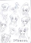  1girl :o alternate_hairstyle blush closed_eyes copyright_name furrowed_eyebrows hair_bobbles hair_ornament hand_on_own_cheek high_ponytail kodomo_no_jikan kokonoe_rin monochrome name_tag off_shoulder sketch smile tears traditional_media tung_tung twintails 