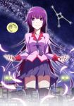  bad_id bad_pixiv_id bakemonogatari blue_eyes city cityscape constellation full_moon giantess long_hair monogatari_(series) moon night purple_eyes purple_hair s.h.v school_uniform scorpion senjougahara_hitagi solo thighhighs 