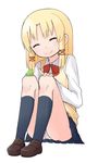  alternate_costume black_legwear blonde_hair closed_eyes frog full_body loafers moriya_suwako nakashino_setsu panties pantyshot pantyshot_(sitting) school_uniform shoes simple_background sitting skirt smile solo touhou underwear white_background white_panties 