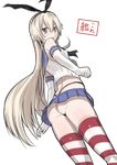  ass blonde_hair elbow_gloves gloves highleg highleg_panties kantai_collection long_hair looking_at_viewer miyamoto_issa panties red_legwear sailor_collar shimakaze_(kantai_collection) simple_background solo striped striped_legwear thighhighs thong underwear very_long_hair white_background 