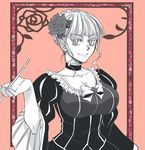  bad_id bad_pixiv_id beatrice bow breasts choker cleavage dress flower hair_bun hair_flower hair_ornament kiseru large_breasts monochrome pipe rose smile solo sousui_hani umineko_no_naku_koro_ni upper_body wide_sleeves 