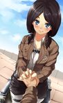  bad_id bad_pixiv_id black_hair blue_eyes blush emblem highres holding_hands interlocked_fingers jacket looking_at_viewer low_twintails mina_carolina nishimuku_meri out_of_frame paradis_military_uniform pov pov_hands shingeki_no_kyojin smile solo_focus three-dimensional_maneuver_gear training_corps_(emblem) twintails uniform 