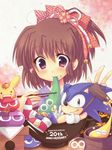  anniversary arle_nadja blob bow bowl brown_hair carbuncle_(puyopuyo) chopsticks company_connection copyright_name creature crossover eating flower food fruit furry green_eyes hair_bow hair_flower hair_ornament half_updo madou_monogatari miyata_(miyatami07) orange purple_eyes puyo_(puyopuyo) puyopuyo shoes short_hair smile sonic sonic_team sonic_the_hedgehog 