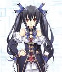  1girl artist_request black_hair breasts choujigen_game_neptune choujigen_game_neptune_mk2 cleavage compile_heart detached_collar detached_sleeves dress female hair_ornament hair_ribbon hand_on_hip hand_on_waist highres idea_factory long_hair looking_at_viewer neptune_(series) noire official_art red_eyes ribbon simple_background solo standing straight_hair strapless_dress twintails very_long_hair 