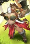  anthro axe big_breasts bra breasts clothed clothing female loincloth looking_at_viewer mammal melee_weapon ocaritna outside overweight overweight_female porcine solo standing underwear weapon 