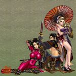  1boy 2girls breasts large_breasts mitsurugi_heishirou multiple_girls ninja setsuka soul_calibur soulcalibur_iv sword taki taki_(soulcalibur) umbrella weapon xuexue_yue_hua 