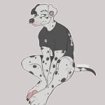  anthro bambii_dog canid canine canis clothed clothing dalmatian domestic_dog facial_piercing looking_at_viewer male mammal nose_piercing piercing septum_piercing simple_background sitting solo 