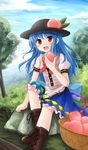  basket blouse blue_hair blue_sky boots bow bush cloud cross-laced_footwear day food fruit grass hat highres hinanawi_tenshi knee_up leaf long_hair looking_at_viewer moss open_mouth outdoors peach red_eyes sitting_on_rock skirt sky solo touhou tree yuyumi_(yuurei) 