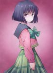  bishoujo_senshi_sailor_moon black_hair bow dress expressionless looking_back mochimomomo mugen_gakuen_school_uniform pink_background plaid plaid_dress purple_eyes ribbon school_uniform serafuku short_hair solo tomoe_hotaru 