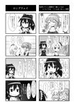  &gt;_&lt; 4koma alternate_costume alternate_hairstyle bow breasts cato_(monocatienus) closed_eyes collarbone comic crying detached_sleeves eating food greyscale hair_bow hair_tubes hakurei_reimu highres is_that_so letty_whiterock medium_breasts monochrome multiple_4koma multiple_girls no_hat no_headwear o_o ponytail rumia smile squiggle sweatdrop tearing_up touhou translated 