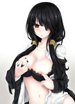  blush bra breasts cleavage date_a_live hair_over_one_eye highres large_breasts long_hair long_sleeves low_twintails navel nipples red_eyes solo tilapiacanth tokisaki_kurumi twintails underwear very_long_hair white_background 
