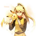  aki_(neyuki41028) blonde_hair character_name chuchu_(pokemon) flower gen_1_pokemon long_hair long_sleeves no_hat no_headwear pikachu pokemon pokemon_(creature) pokemon_special ponytail yellow_(pokemon) yellow_eyes 