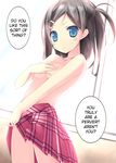  1girl akesaka_iku black_hair blue_eyes covering covering_breasts hair_ornament hairclip hard_translated hentai_ouji_to_warawanai_neko. looking_at_viewer plaid plaid_skirt short_hair side_ponytail skirt skirt_lift solo topless translated tsutsukakushi_tsukiko 