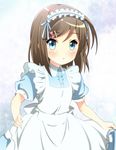  blue_eyes blush bow brown_hair hentai_ouji_to_warawanai_neko. maid maid_headdress puffy_sleeves ribbon short_hair short_sleeves side_ponytail skirt_hold solo spiceg tsutsukakushi_tsukiko 