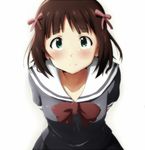  amami_haruka blush brown_hair collarbone green_eyes hair_ribbon idolmaster idolmaster_(classic) puffy_sleeves rariemonn ribbon school_uniform short_hair short_sleeves smile solo white_background 