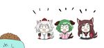  3girls animal_ears brooch brown_hair commentary_request detached_sleeves dog_food dress drooling frills green_hair hat imaizumi_kagerou inubashiri_momiji jewelry kasodani_kyouko long_hair long_sleeves multiple_girls open_mouth saliva silver_hair sitting tail tail_wagging tokin_hat touhou toys_(pixiv) trait_connection translated white_background wide_sleeves wolf_ears wolf_tail 