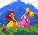  bad_deviantart_id bad_id blonde_hair boombox commentary corset crossed_arms crown dancing dress earrings elbow_gloves gloves high_heels jewelry joakim_sandberg koopa_paratroopa long_hair luigi mario mario_(series) mini_crown multiple_girls pink_dress ponytail princess_daisy princess_peach puffy_short_sleeves puffy_sleeves red_hair sash scrunchie shoes short_sleeves siblings sisters super_mario_bros. white_gloves 